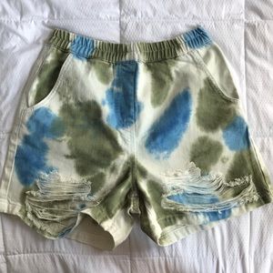 Collusion ripped denim tie dye shorts